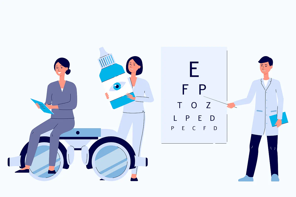 Illustration of three eye care professionals beside a letter chart and eye-test equipment
