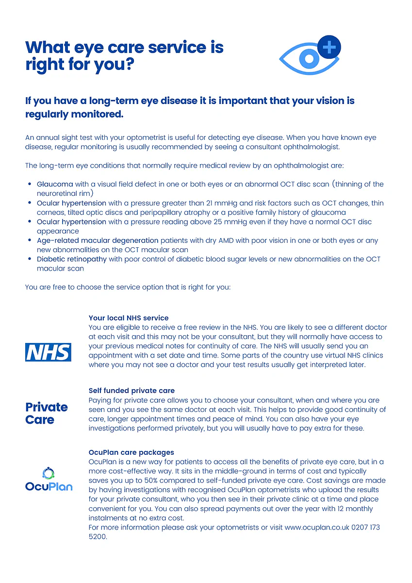 OcuPlan's 'What eye care service is right for you?' leaflet, comparing your local NHS service, self-funded private care and OcuPlan care packages
